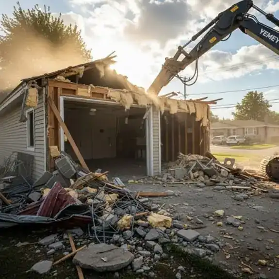 Excavator taking down a structure during demolition
