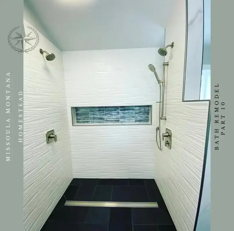 Tiled walk-in shower with a mosaic niche, Missoula Homestead bath remodel