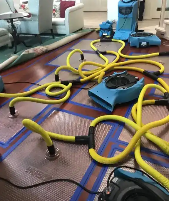 Water damage mitigation: air movers and drying mats on a protected floor