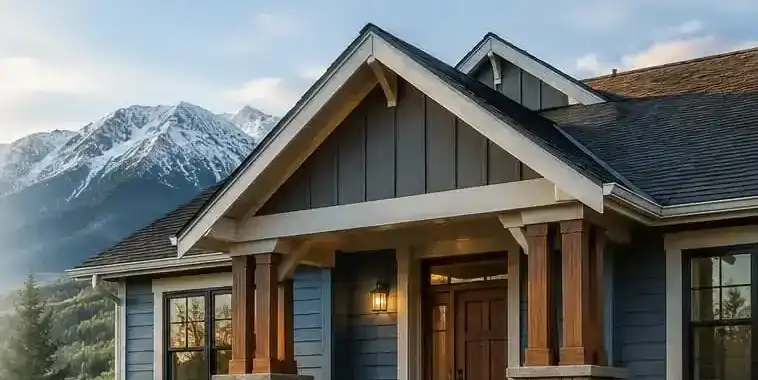 Craftsman home exterior in board-and-batten and timber below the mountains