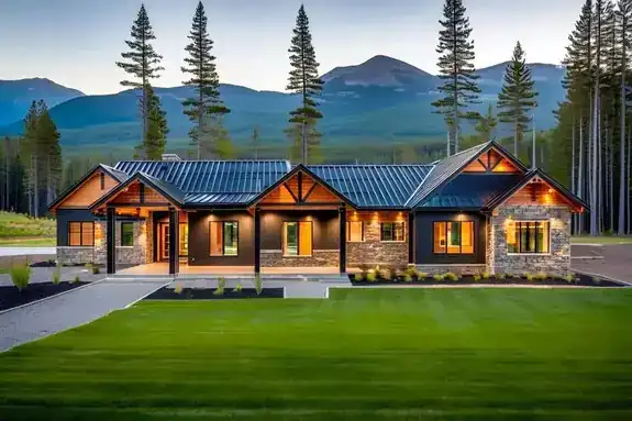 Completed single-storey home below the mountains, lit at dusk