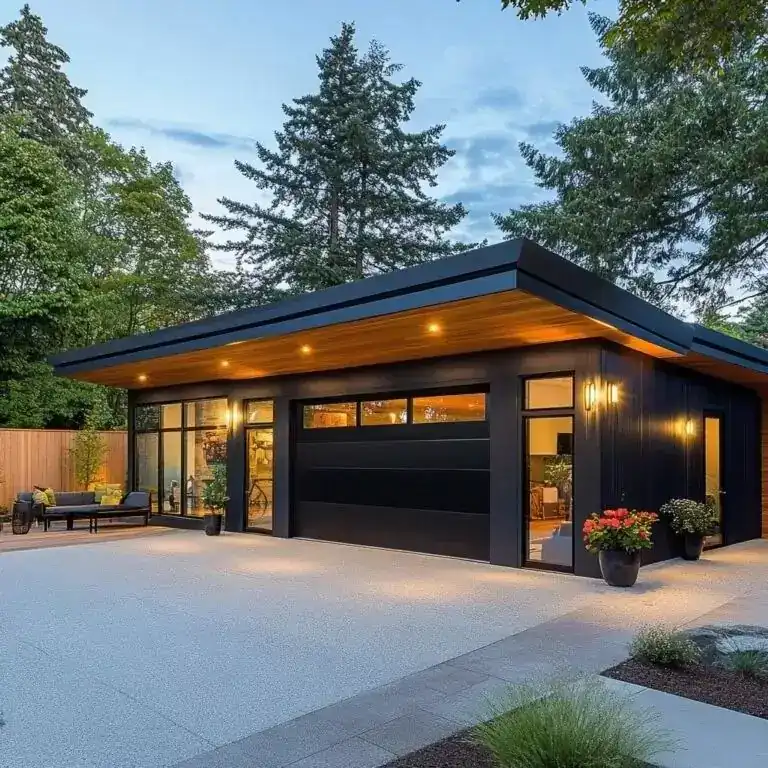 Modern detached garage with a glazed overhead door