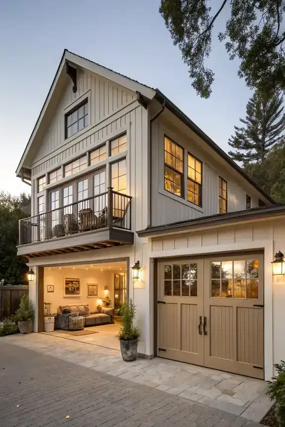 Detached garage apartment with a balcony and carriage doors