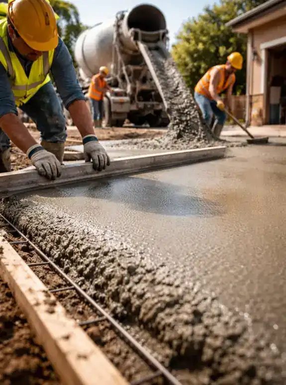 Crew screeding a fresh concrete pour