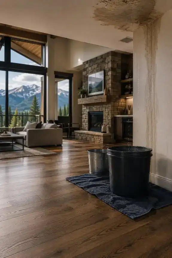 Living room with a stone fireplace, buckets catching a leak