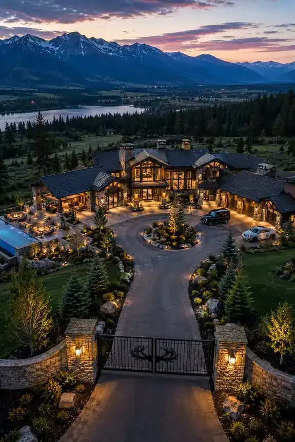 Large estate lit at night, seen from above