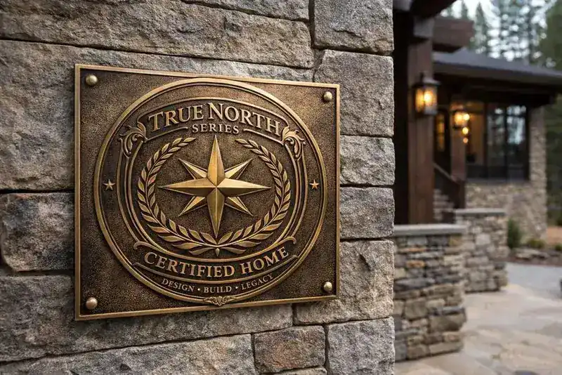 The True North Certified Home plaque mounted at a finished stone entry