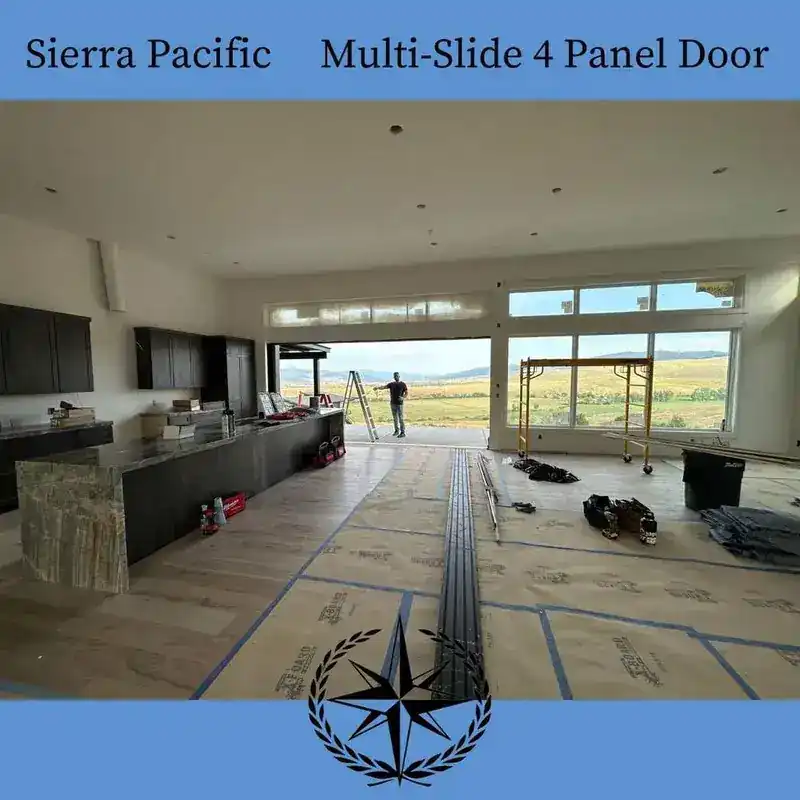 The open-plan interior with the slider open and radiant tubing laid ready for floor