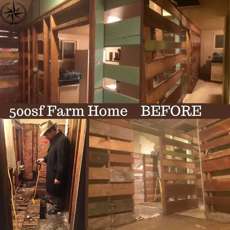 Before: the farm home interior stripped to bare board