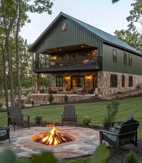Barndominium with a stone base, metal siding and a fire pit on the lawn