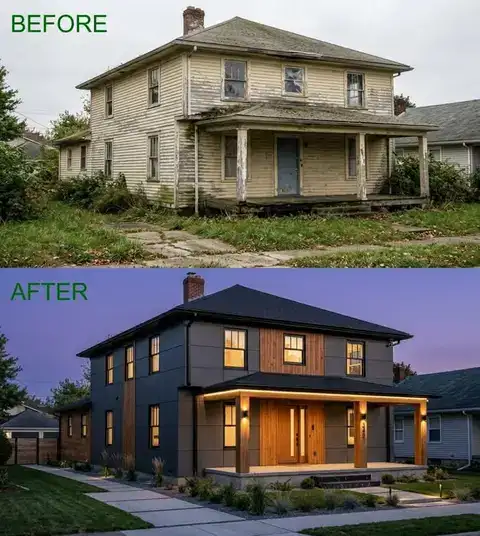 Before and after: a farmhouse exterior remodelled with new siding, roof and lighting