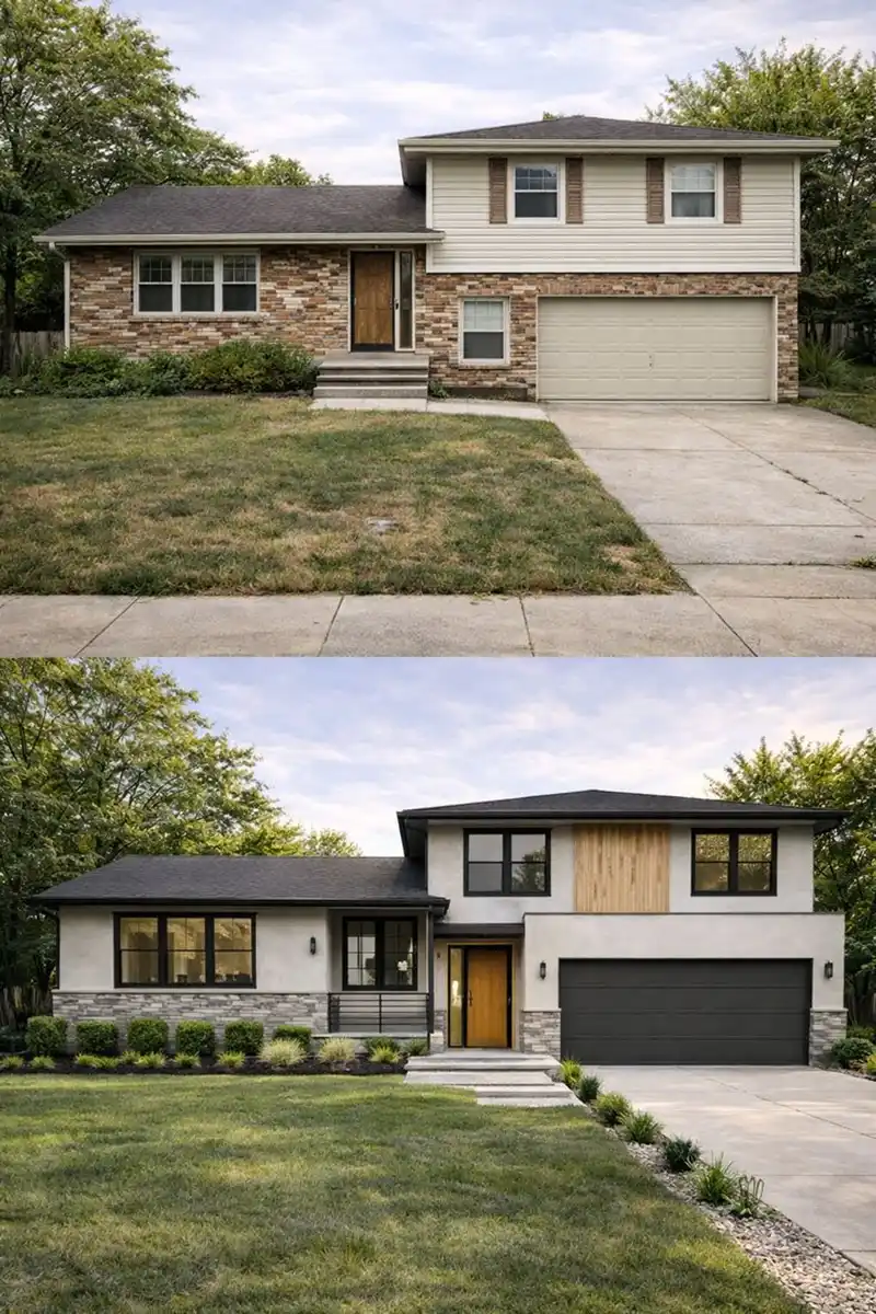 Before and after: a split-level exterior with new siding, windows and garage door