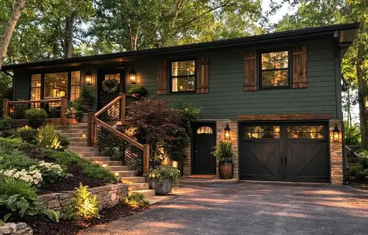Split-level home with new green siding and stone