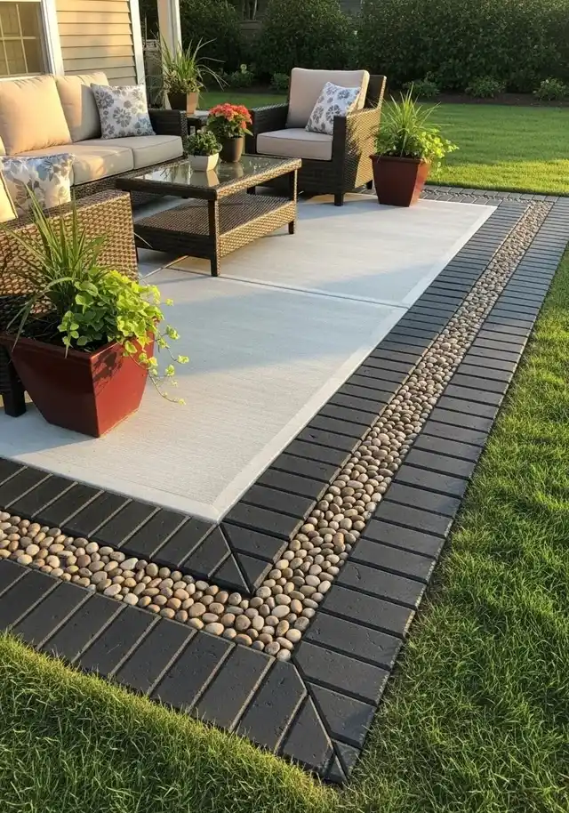 Concrete patio with a river-rock border