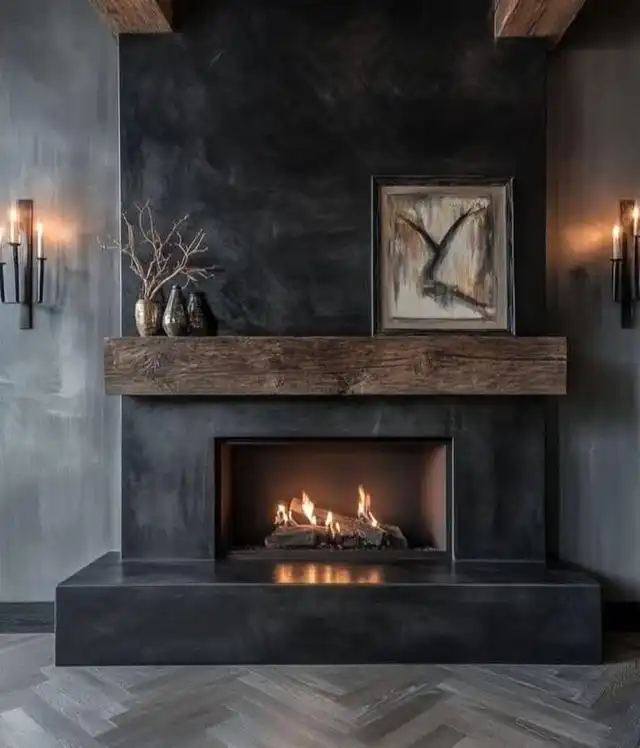 Dark plaster fireplace surround with a timber mantel