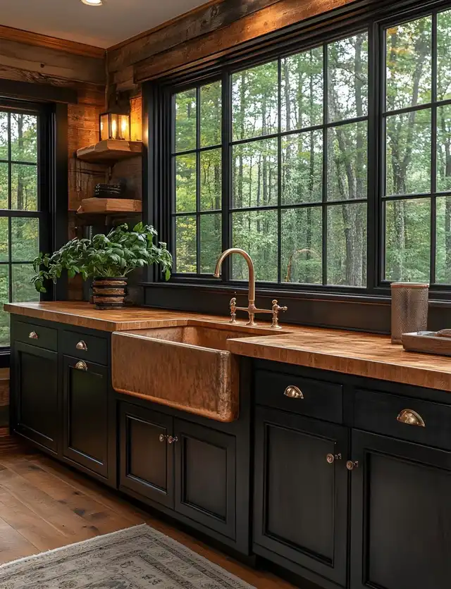 Kitchen with a copper farmhouse sink and dark cabinets
