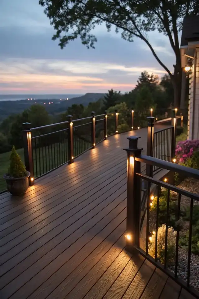 Deck with railing lights at dusk