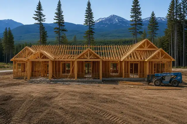 Framing of a new home below the mountains